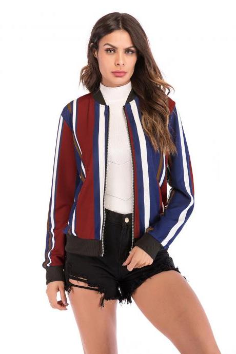 Women Baseball Uniform Coat Crane/Floral/Striped Printed Autumn Long Sleeve Zipper Casual Slim Jacket Outerwear 7#