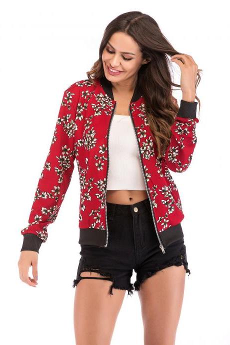 Red Floral Print Casual Slim Jacket Outerwear