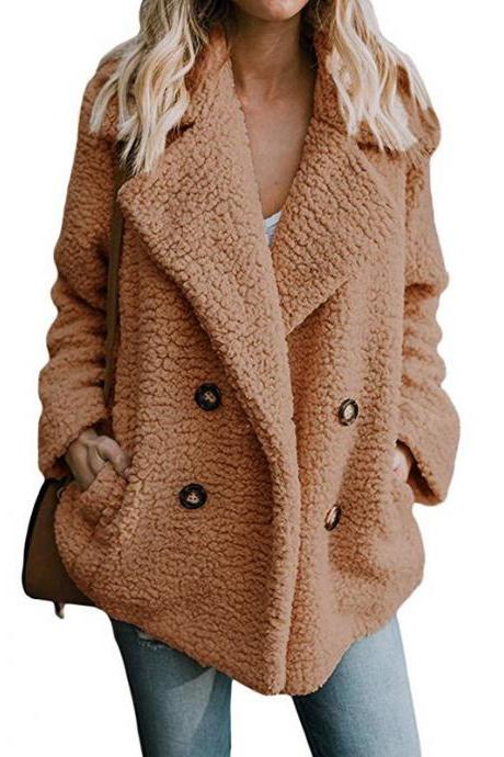 Women Faux Lambswool Coat Autumn Winter Double Breasted Pockets Suit Collar Long Sleeve Casual Loose Warm Jacket Outwear camel