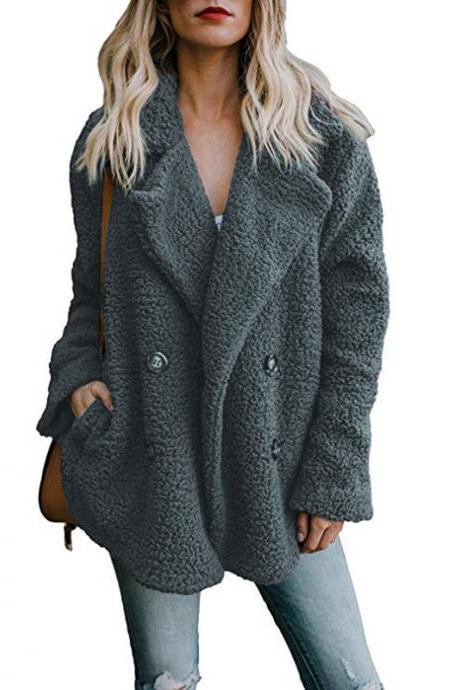 Women Faux Lambswool Coat Autumn Winter Double Breasted Pockets Suit Collar Long Sleeve Casual Loose Warm Jacket Outwear dark gray