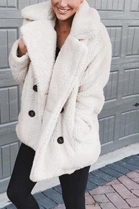 Women Faux Lambswool Coat Autumn Winter Double Breasted Pockets Suit Collar Long Sleeve Casual Loose Warm Jacket Outwear off white