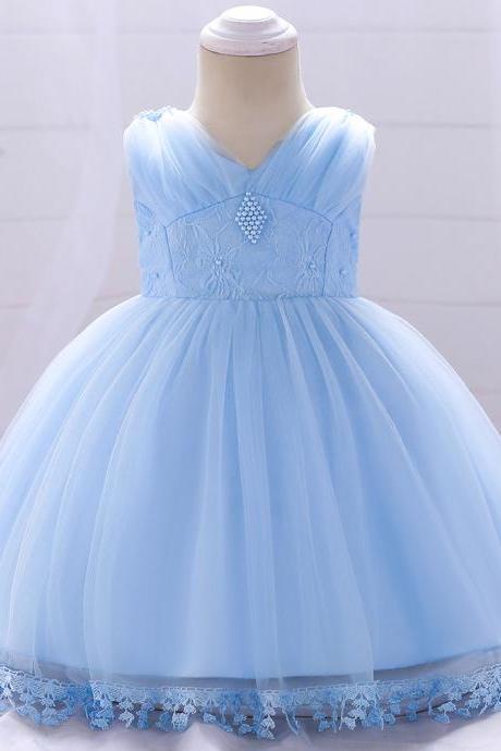 Baby Flower Girl Dress Infant Newborn Princess Lace 1 Year Birthday Party Tutu Gown Children Clothes sky blue