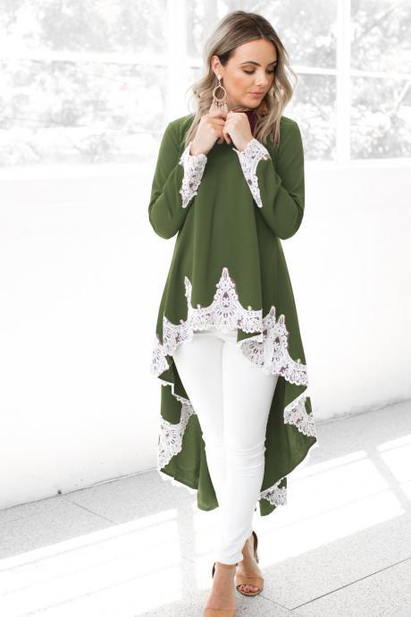 Women Asymmetrical Dovetail Dress Autumn Casual Long Sleeve Lace Patchwork High Low Party Dress green
