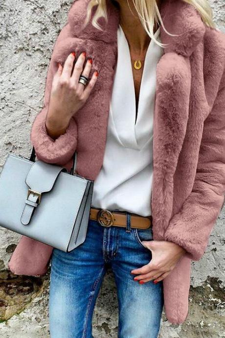 Woman Faux Fur Coat Winter Warm Long Sleeve Lapel Neck Casual Long Jacket Outwear blush