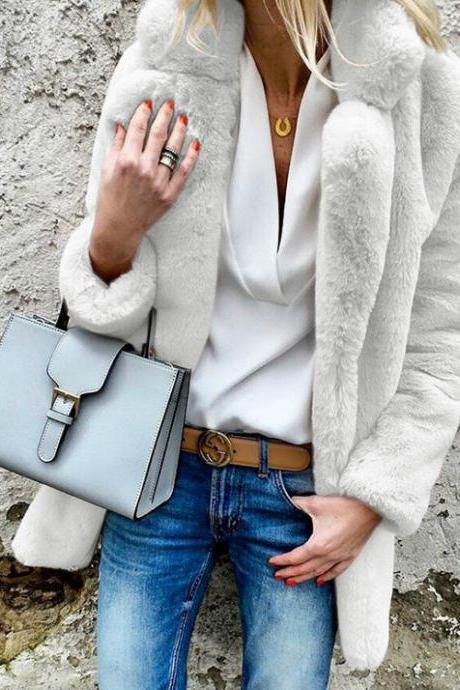 Woman Faux Fur Coat Winter Warm Long Sleeve Lapel Neck Casual Long Jacket Outwear off white
