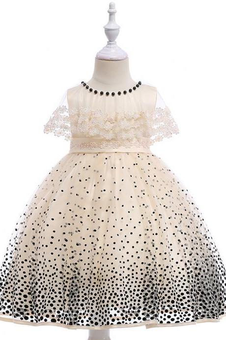 Princess Flower Girls Dress Lace Cape Polka Dot Formal Birthday Party Gown Children Clothes champagne