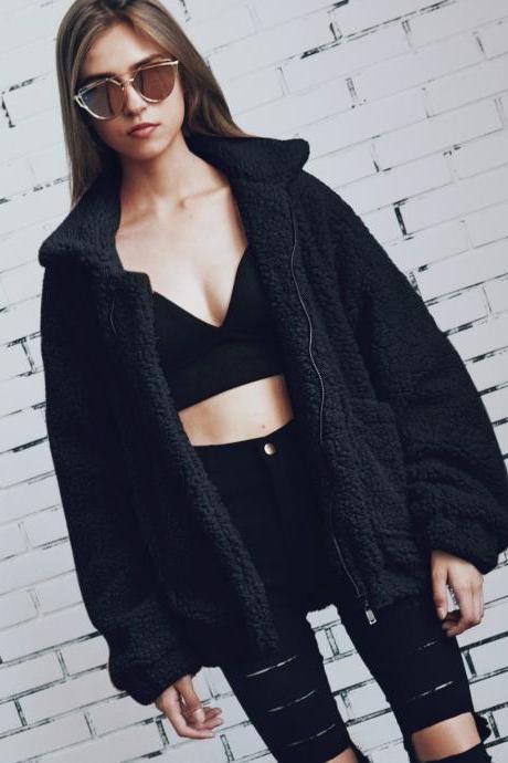  Women Faux Fur Coat Winter Turn-down Collar Thick Warm Casual Long Sleeve Plush Jacket Outwears black