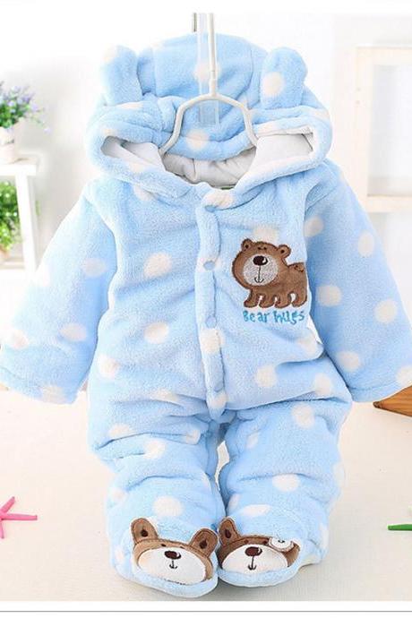 Infant Kids Baby Boys Girls Flannel Jumpsuit Autumn Winter Cute Warm Hooded Long Sleeve Cartoon Romper Outfits light blue
