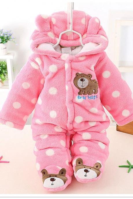 Infant Kids Baby Boys Girls Flannel Jumpsuit Autumn Winter Cute Warm Hooded Long Sleeve Cartoon Romper Outfits pink