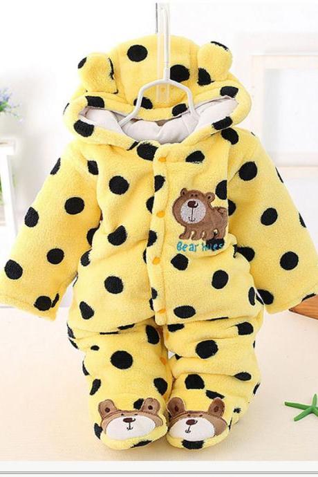  Infant Kids Baby Boys Girls Flannel Jumpsuit Autumn Winter Cute Warm Hooded Long Sleeve Cartoon Romper Outfits yellow