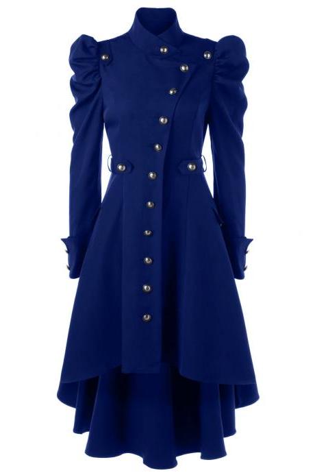 Women Asymmetric Coat Autumn Winter Stand Collar Long Sleeve Single-Breasted High Low Slim Jacket Outwear blue