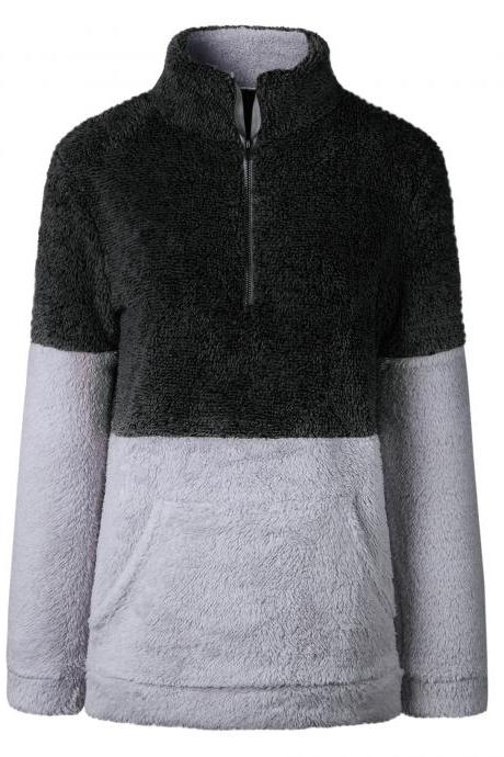 Women Sweatshirt Autumn Winter Warm Turtleneck Long Sleeve Pocket Patchwork Zipper Casual Loose Pullover Tops black