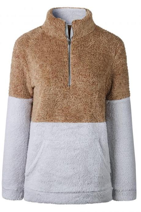 Women Sweatshirt Autumn Winter Warm Turtleneck Long Sleeve Pocket Patchwork Zipper Casual Loose Pullover Tops brown