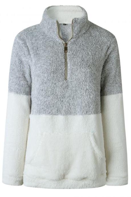  Women Sweatshirt Autumn Winter Warm Turtleneck Long Sleeve Pocket Patchwork Zipper Casual Loose Pullover Tops gray