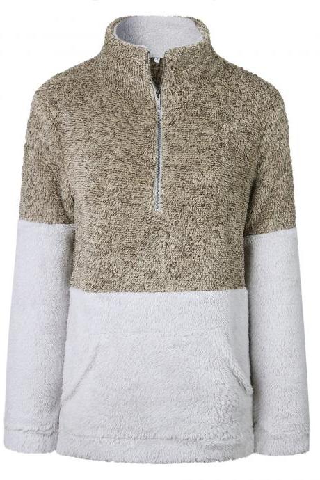 Women Sweatshirt Autumn Winter Warm Turtleneck Long Sleeve Pocket Patchwork Zipper Casual Loose Pullover Tops khaki