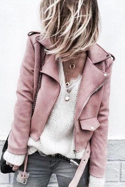 Blush Pink Faux Suede Jacket - Autumn Winter Biker Jacket