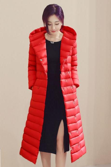 Women Long Duck Down Coat Hooded Long Sleeve Plus Size Slim Winter Ultra Light Jacket Outwear red