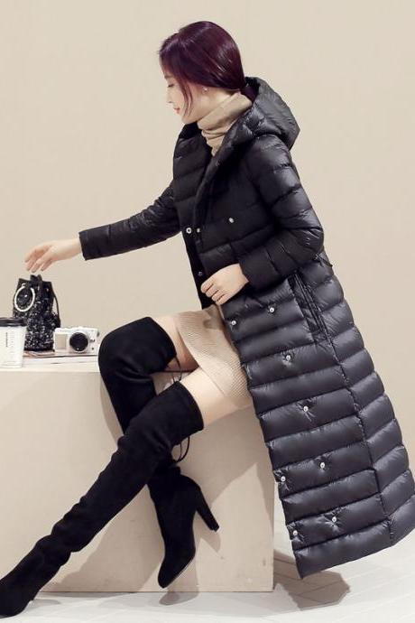 Women Long Duck Down Coat Hooded Long Sleeve Plus Size Slim Winter Ultra Light Jacket Outwear black