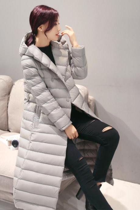 Women Long Duck Down Coat Hooded Long Sleeve Plus Size Slim Winter Ultra Light Jacket Outwear gray