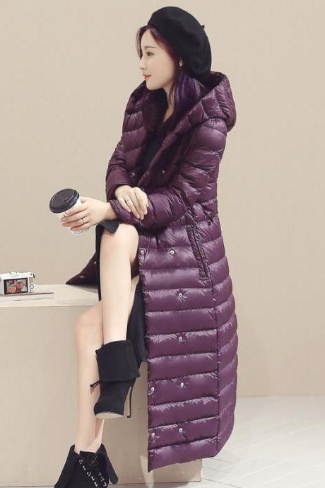 Women Long Duck Down Coat Hooded Long Sleeve Plus Size Slim Winter Ultra Light Jacket Outwear purple