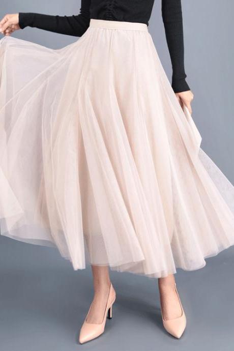 Women Long Tulle Mesh Skirt Elastic High Waist Streetwear Pleated Tutu A Line Maxi Skirt cream