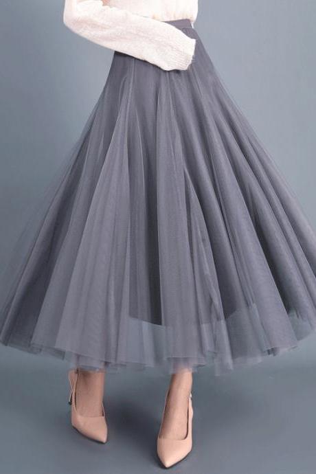 Women Long Tulle Mesh Skirt Elastic High Waist Streetwear Pleated Tutu A Line Maxi Skirt gray