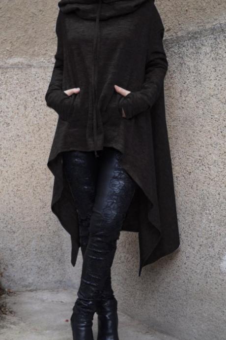 Women Asymmetric Hoodies Autumn Winter Long Sleeve Casual Loose Hooded Sweatshirt Plus Size Pullover Tops black