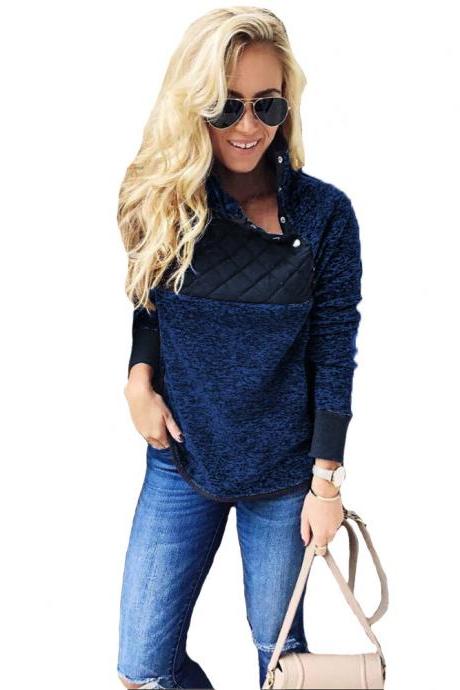 Women Sweatshirt Autumn Winter Covered Button Skew Collar Long Sleeve Casual Patchwork Warm Pullovers royal blue