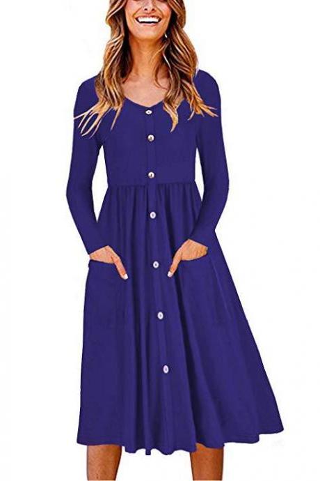 Women Casual Dress Autumn Button Long Sleeve Pockets Slim A Line Work Office Party Dress Royal Blue