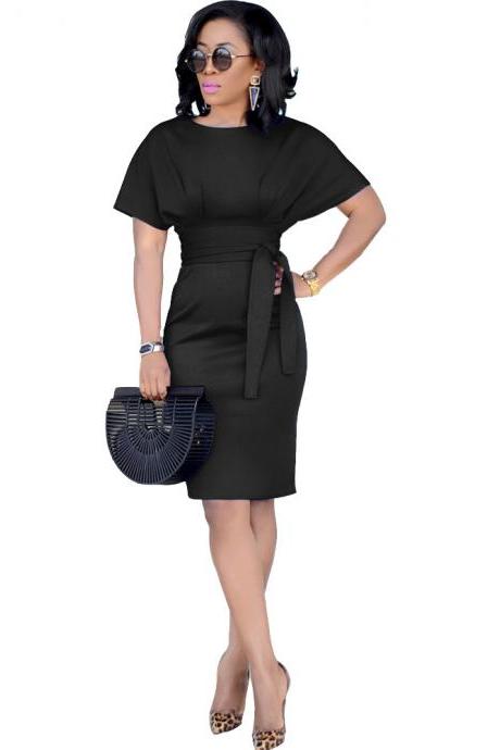 Women Pencil Dress Casual Short Sleeve Belted Bodycon Work Office Business Party Dress black 