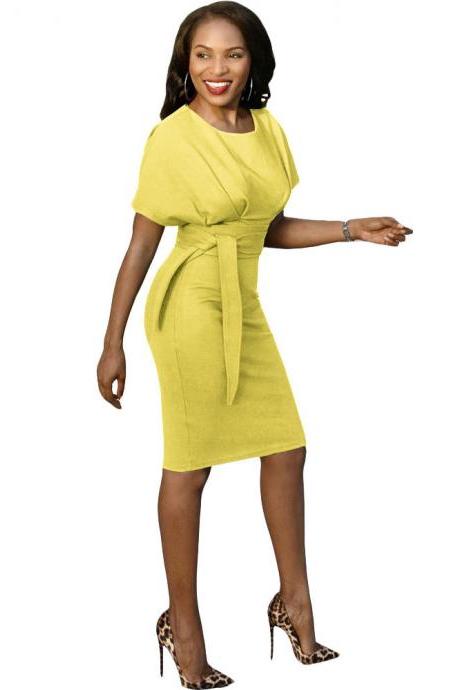 Women Pencil Dress Casual Short Sleeve Belted Bodycon Work Office Business Party Dress yellow