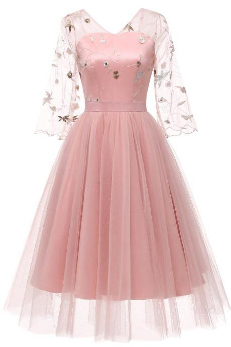 Women Casual Dress V Neck Flare Sleeve Tulle Embroidery Lace Slim A Line Formal Party Dress Pink