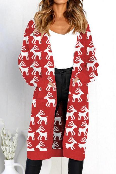 Women Long Knitted Cardigan Autumn Winter Long Sleeve Pocket Casual Streetwear Loose Sweater Coat elk