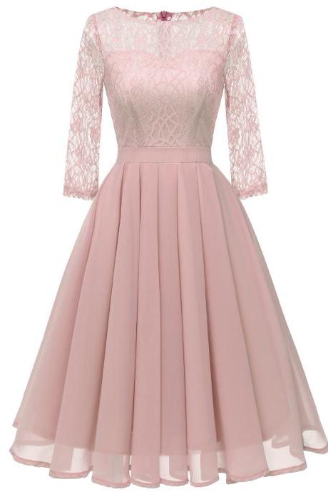Women Casual Lace Patchwork Dress 3/4 Sleeve Work Office Slim A Line Bridesmaid Party Dress Pink