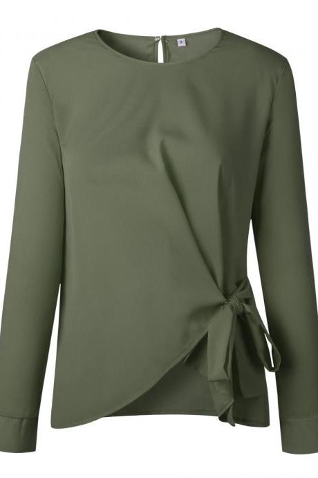 Women Blouse Autumn Long Sleeve Streetwear Asymmetrical Casual Loose Bow Tie Tops Shirt army green