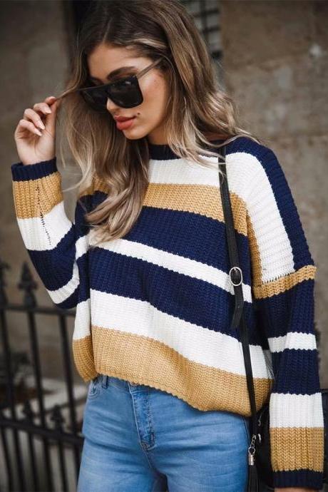Women Knitted Sweater Autumn Winter Long Sleeve Casual Loose Striped Patchwork Pullover Tops earth yellow
