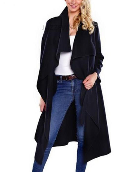 Women Wool Blend Trench Coat Autumn Winter Lapel Casual Long Sleeve Loose Cardigan Jacket Outerwear black
