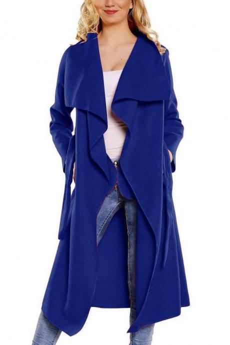 Women Wool Blend Trench Coat Autumn Winter Lapel Casual Long Sleeve Loose Cardigan Jacket Outerwear blue