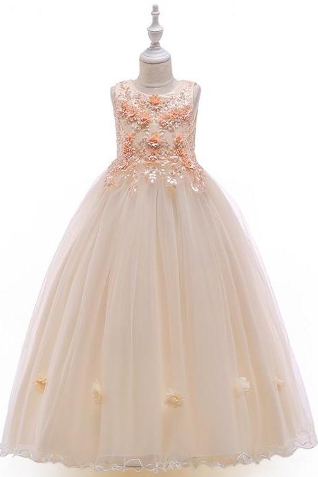 Long Flower Girl Dress Beaded Embroidery Princess Teens Formal Birthday Party Gowns Children Clothes champagne