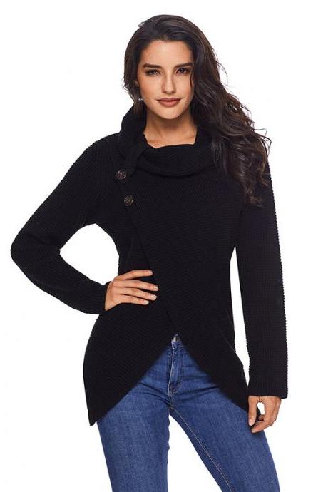 Women Pullover Autumn Turtleneck Long Sleeve Button Casual Loose Asymmetrical Cross Sweater Tops Black