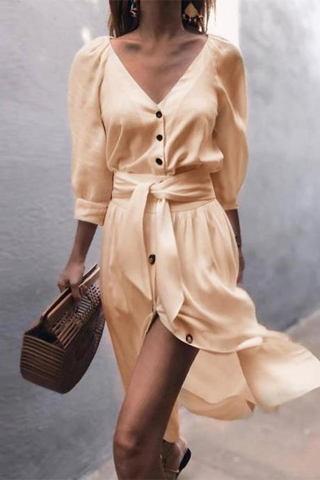 Women Casual Shirt Dress Autumn V Neck Half Sleeve Button Bow Tie Belted Front Splited Midi Dress apricot