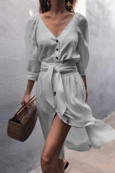  Women Casual Shirt Dress Autumn V Neck Half Sleeve Button Bow Tie Belted Front Splited Midi Dress pink