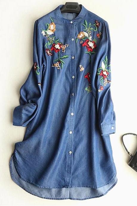  Women Floral Embroidery Denim Dress Long Sleeve Button Loose Asymmetrical Short Casual Dress dark blue