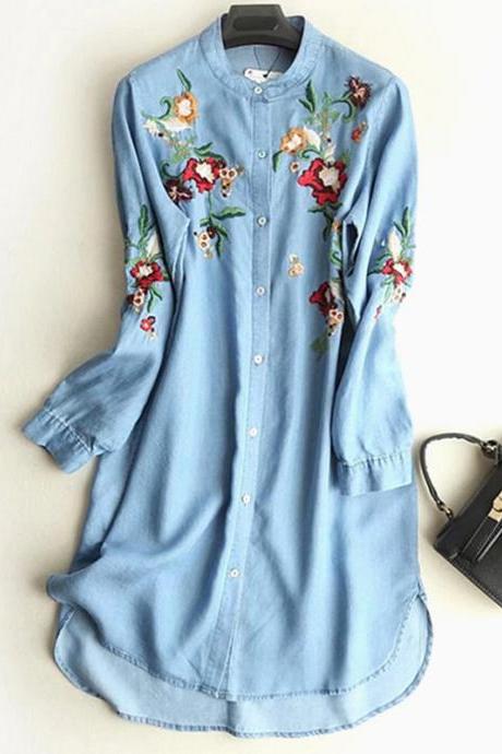 Women Floral Embroidery Denim Dress Long Sleeve Button Loose Asymmetrical Short Casual Dress light blue