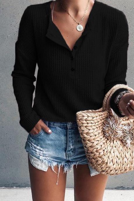 Women Pullover Tops Autumn Winter V-Neck Button Long Sleeve Casual Slim Knitted Sweater black