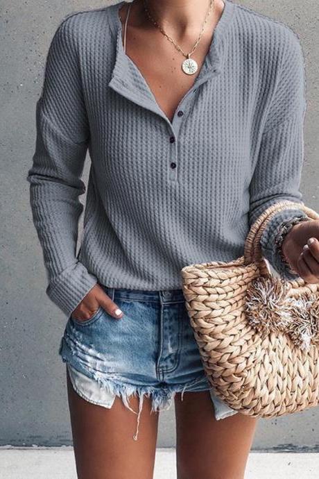 Women Pullover Tops Autumn Winter V-Neck Button Long Sleeve Casual Slim Knitted Sweater gray