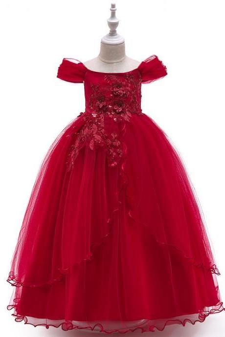 Long Flower Girl Dress Off the Shoulder Teens Formal Party Birthday Tutu Stage Gowns Children Clothes crimson