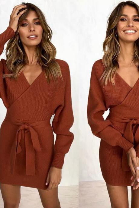 Women Knitted Sweater Dress Autumn V Neck Long Sleeve Belted Casual Slim Mini Club Party Dress Caramel