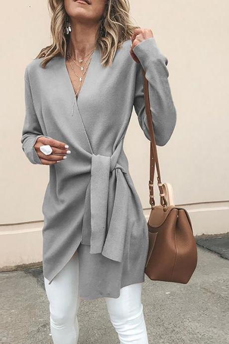 Women Slim Coat Autumn V Neck Casual Lace Up Tie Waist Long Sleeve Jacket Outwear gray
