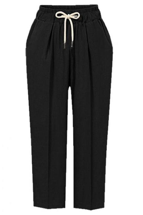 Women Harem Pants Autumn Drawstring High Waist Ankle Length Plus Size Casual Loose Trousers Black
